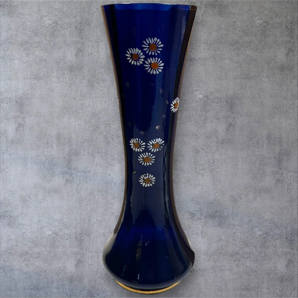 Vintage Cobalt Blue Glass Vase Daisy Flower Design Tall Elegant Home‎ Decor